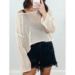 Mustard Seed Open Knit Crochet Top Beige Sz. M Relaxed Fit Boho Festival Beach